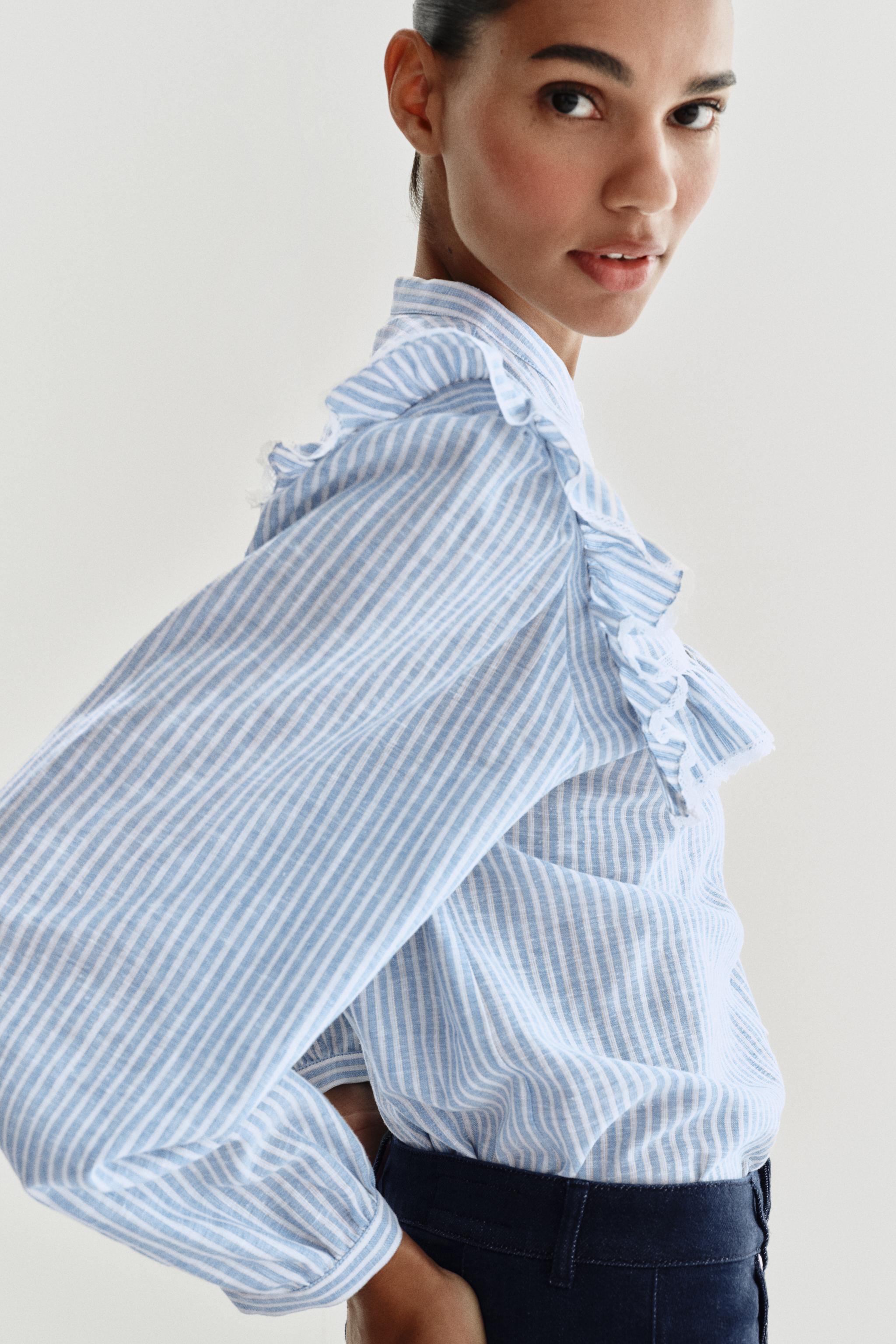 METALLIC THREAD RUFFLED STRIPED SHIRT